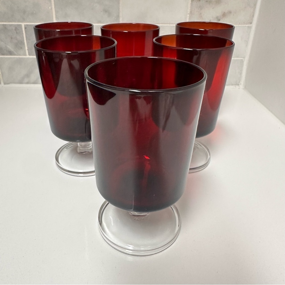6 Vintage MCM Ruby Red Arcoroc Cavalier Pattern Stem Wine Glasses Retro EUC